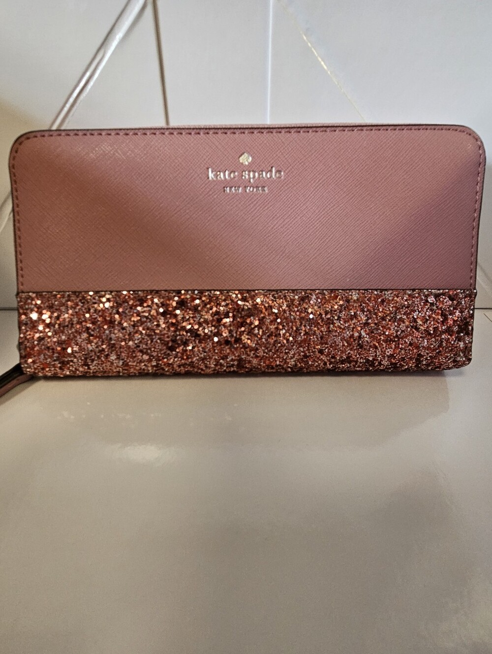kate spade Pink Saffiano Zip Wallet with Glitter Trim